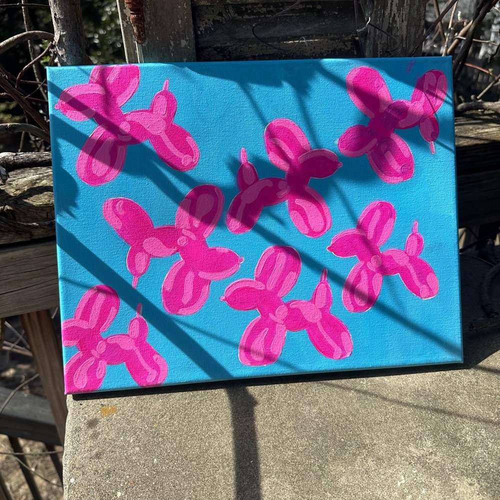 Pink Balloon Dog Art on Blue Canvas